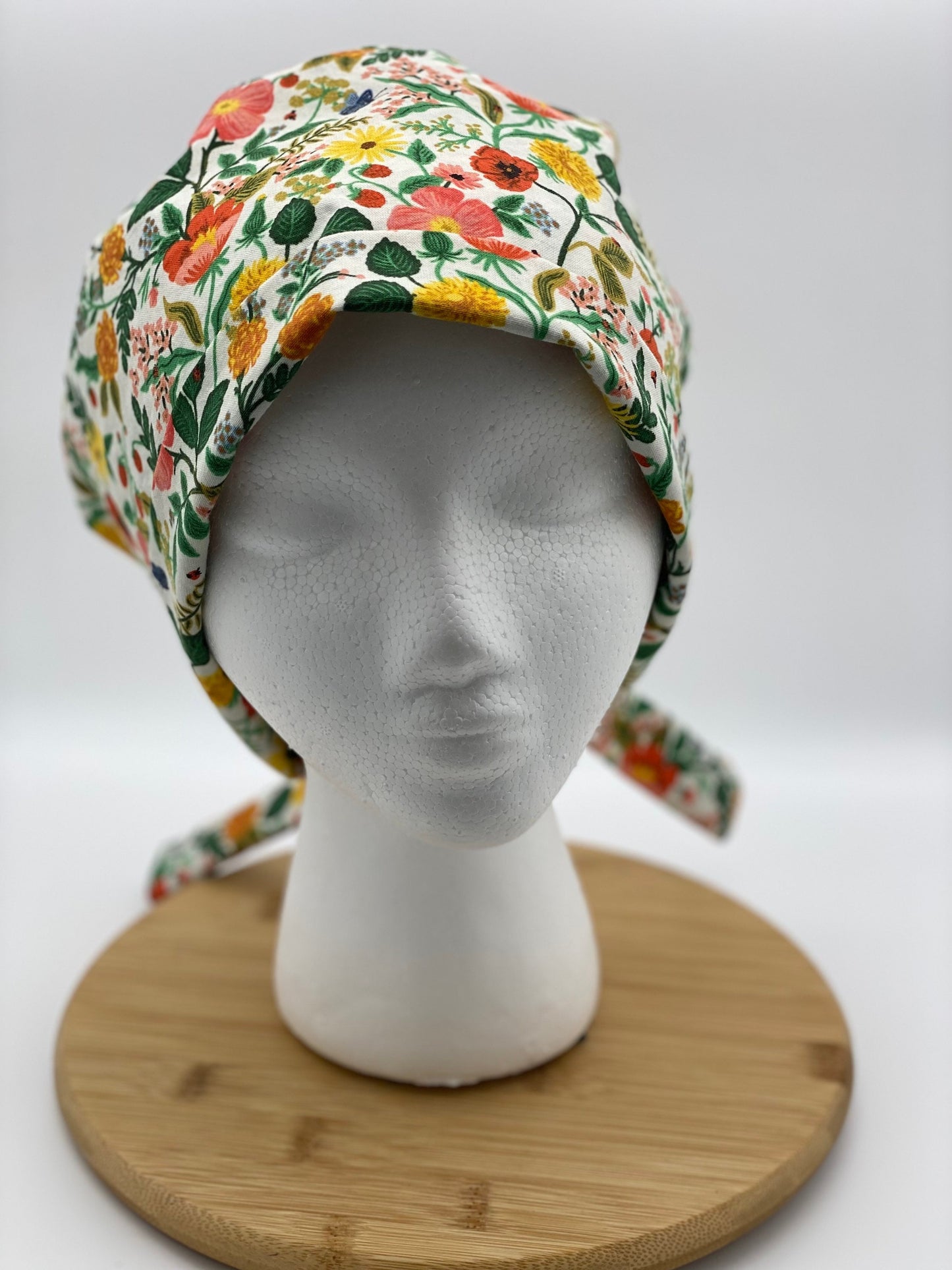 Floral tie back scrub cap, Rifle Paper Co Camont fabric scrub hat, pixie style scrub cap floral, Bonnet Head Designs