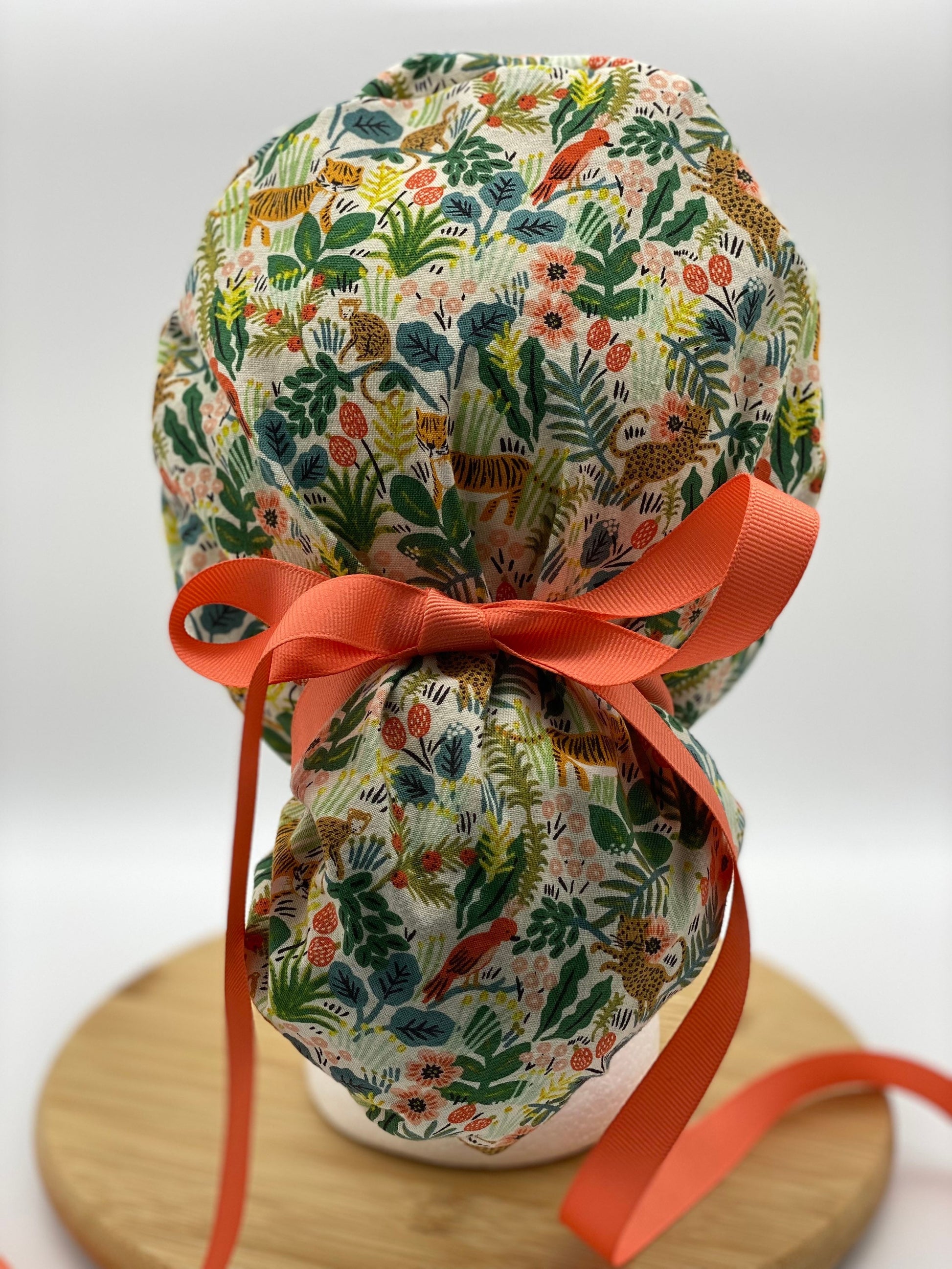 jungle print scrub cap, tiger print scrub hat, menagerie cream scrub hat, Bonnet Head Designs