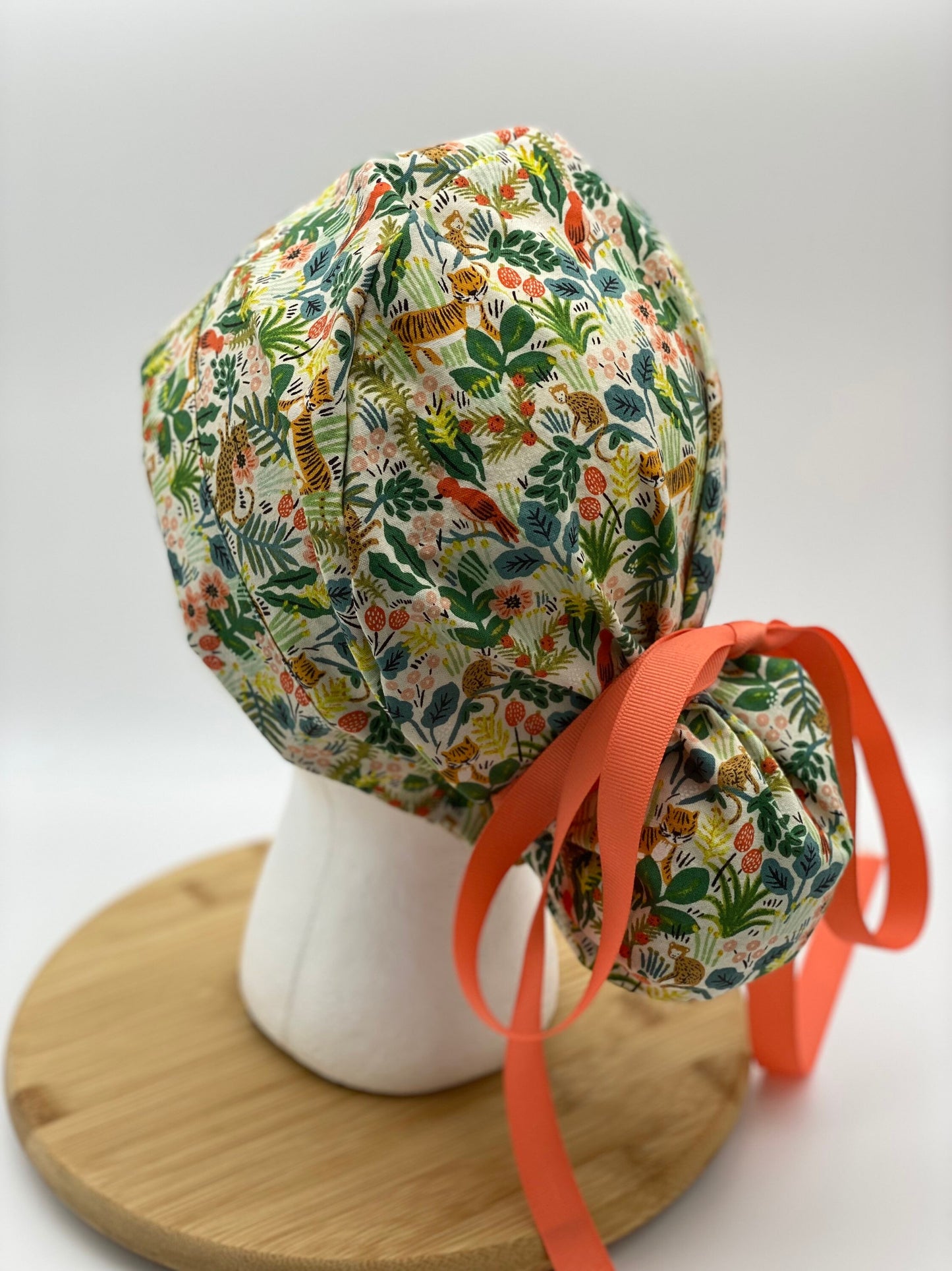 jungle print scrub cap, tiger print scrub hat, menagerie cream scrub hat, Bonnet Head Designs