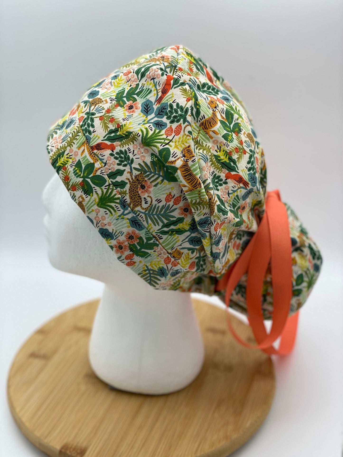 jungle print scrub cap, tiger print scrub hat, menagerie cream scrub hat, Bonnet Head Designs