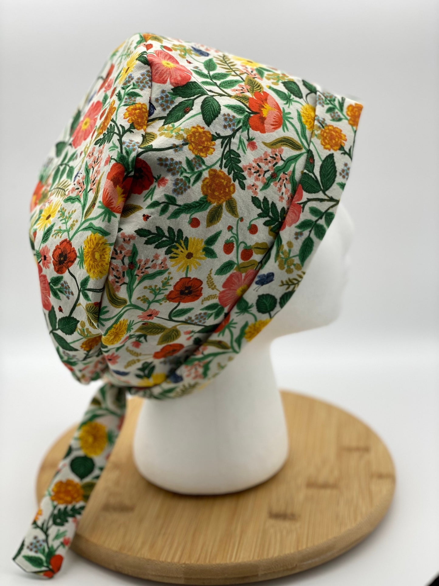 Floral tie back scrub cap, Rifle Paper Co Camont fabric scrub hat, pixie style scrub cap floral, Bonnet Head Designs