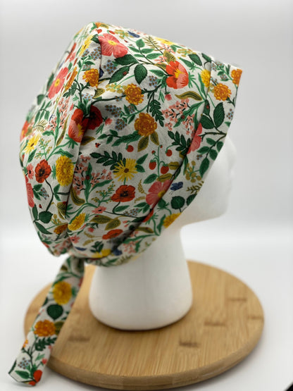 Floral tie back scrub cap, Rifle Paper Co Camont fabric scrub hat, pixie style scrub cap floral, Bonnet Head Designs