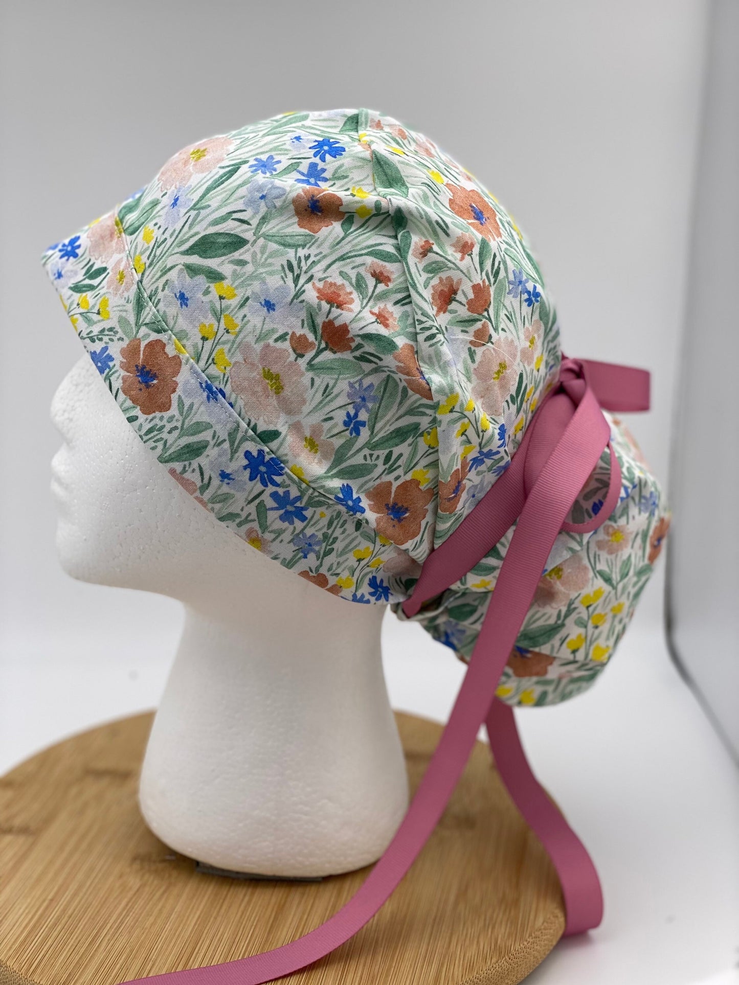 Spring floral scrub cap, pink and yellow scrub hat, floral scrub hat, bun surgical cap, Bonnet Head Designs