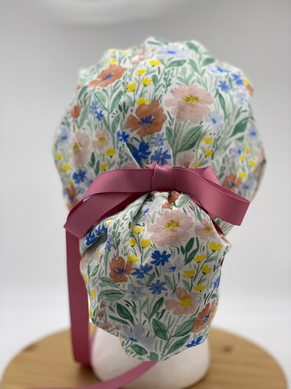 Spring floral scrub cap, pink and yellow scrub hat, floral scrub hat, bun surgical cap, Bonnet Head Designs