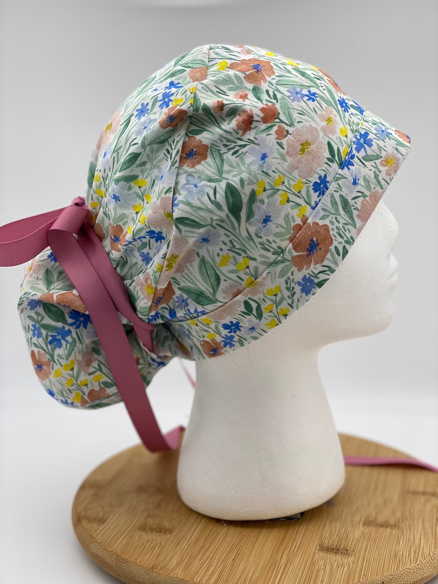 Spring floral scrub cap, pink and yellow scrub hat, floral scrub hat, bun surgical cap, Bonnet Head Designs