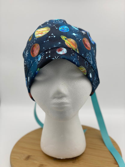 Planet print scrub cap, outer space scrub hat, solar system scrub cap, Bonnet Head Designs