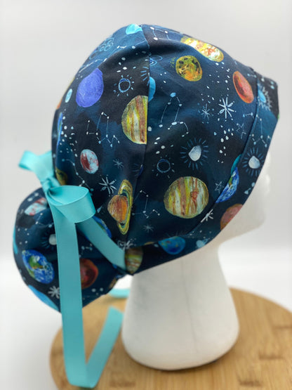 Planet print scrub cap, outer space scrub hat, solar system scrub cap, Bonnet Head Designs