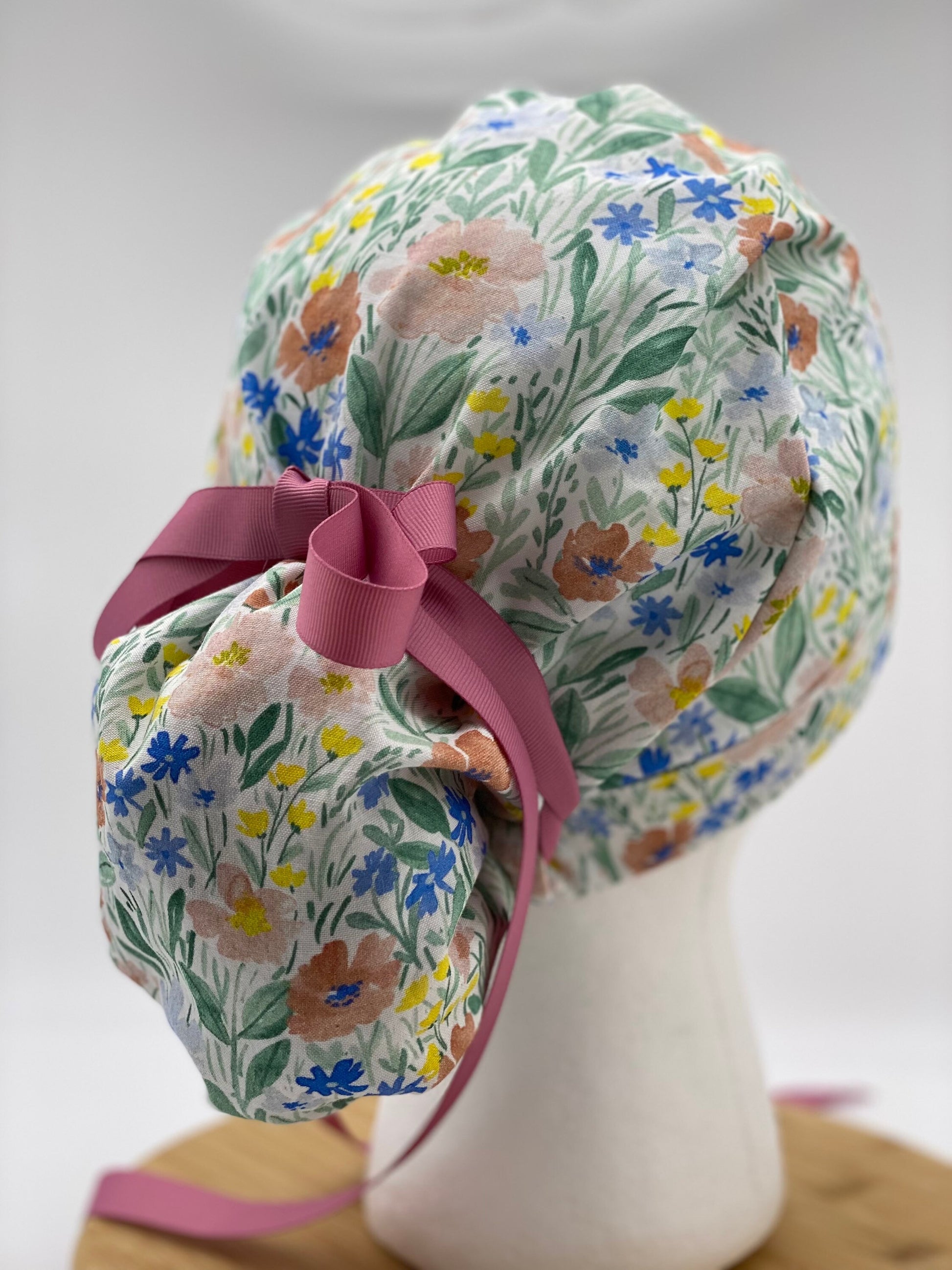 Spring floral scrub cap, pink and yellow scrub hat, floral scrub hat, bun surgical cap, Bonnet Head Designs