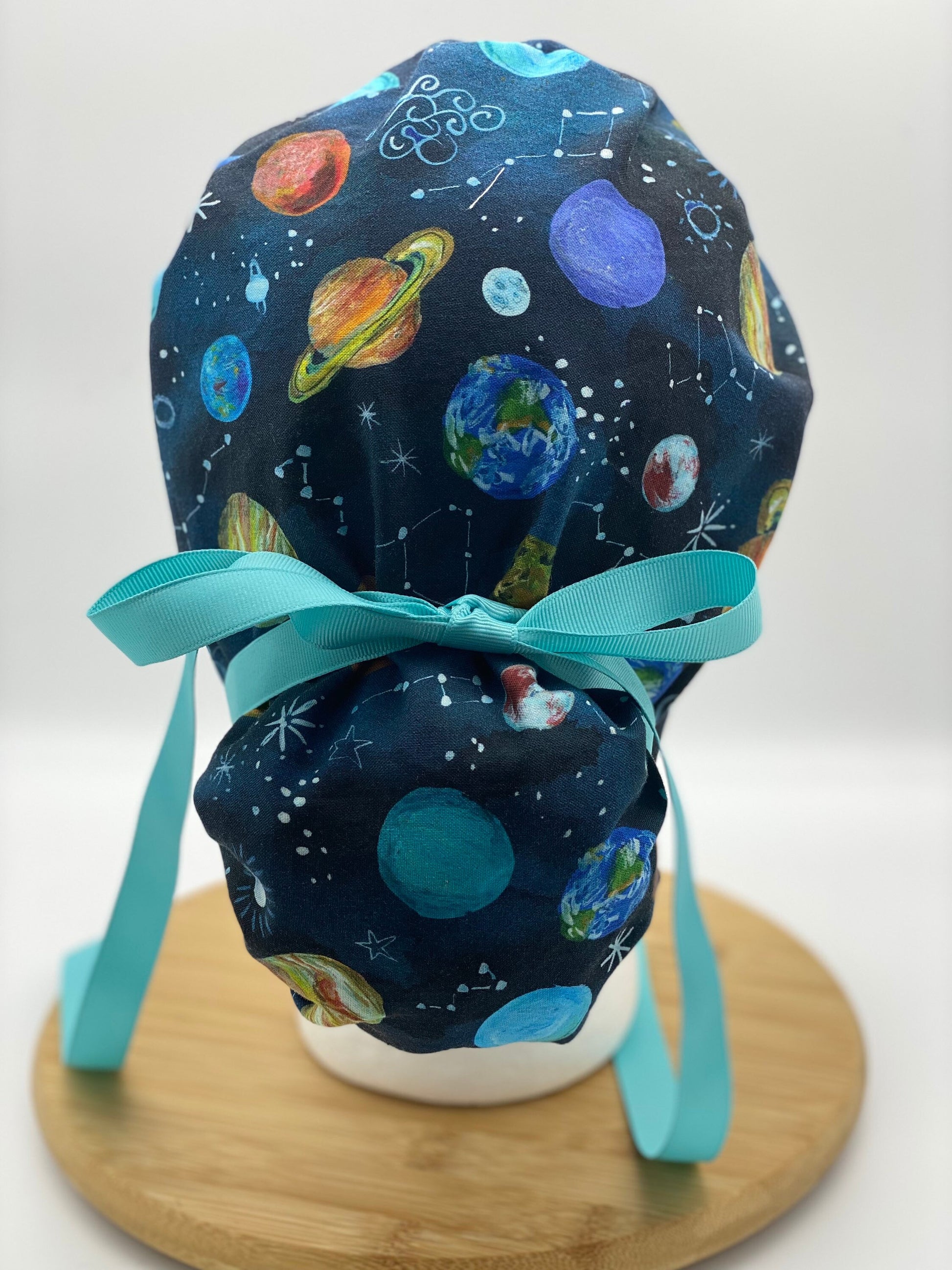 Planet print scrub cap, outer space scrub hat, solar system scrub cap, Bonnet Head Designs