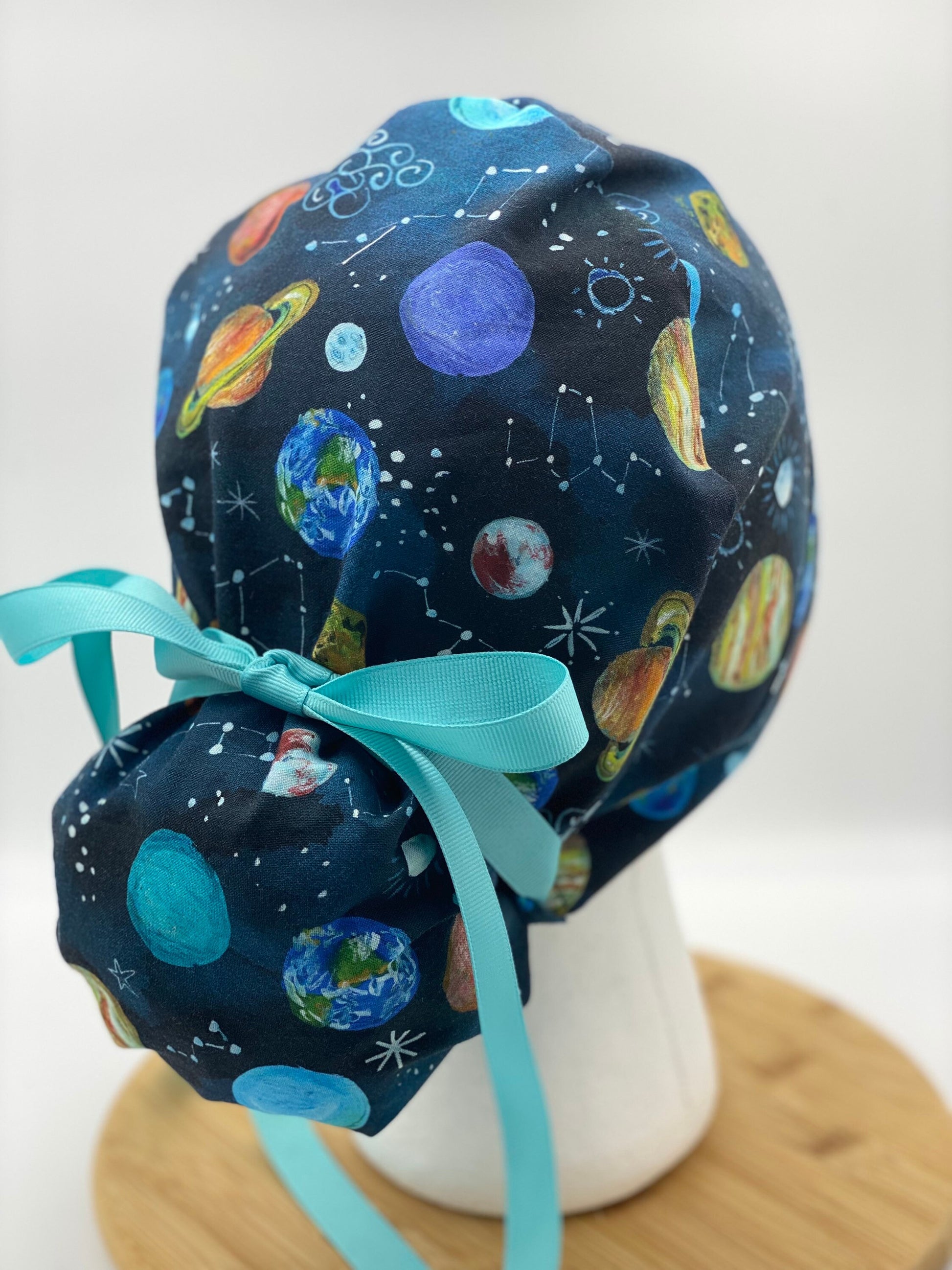 Planet print scrub cap, outer space scrub hat, solar system scrub cap, Bonnet Head Designs