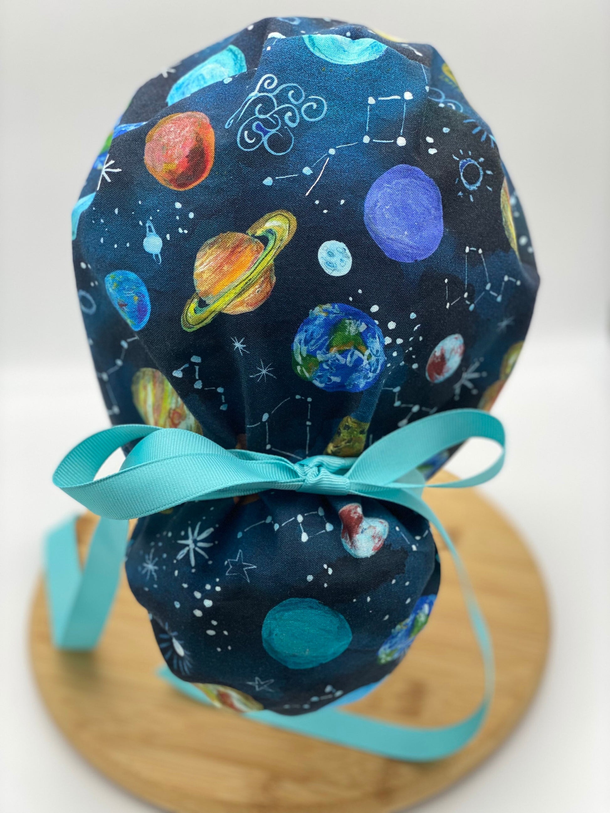 Planet print scrub cap, outer space scrub hat, solar system scrub cap, Bonnet Head Designs