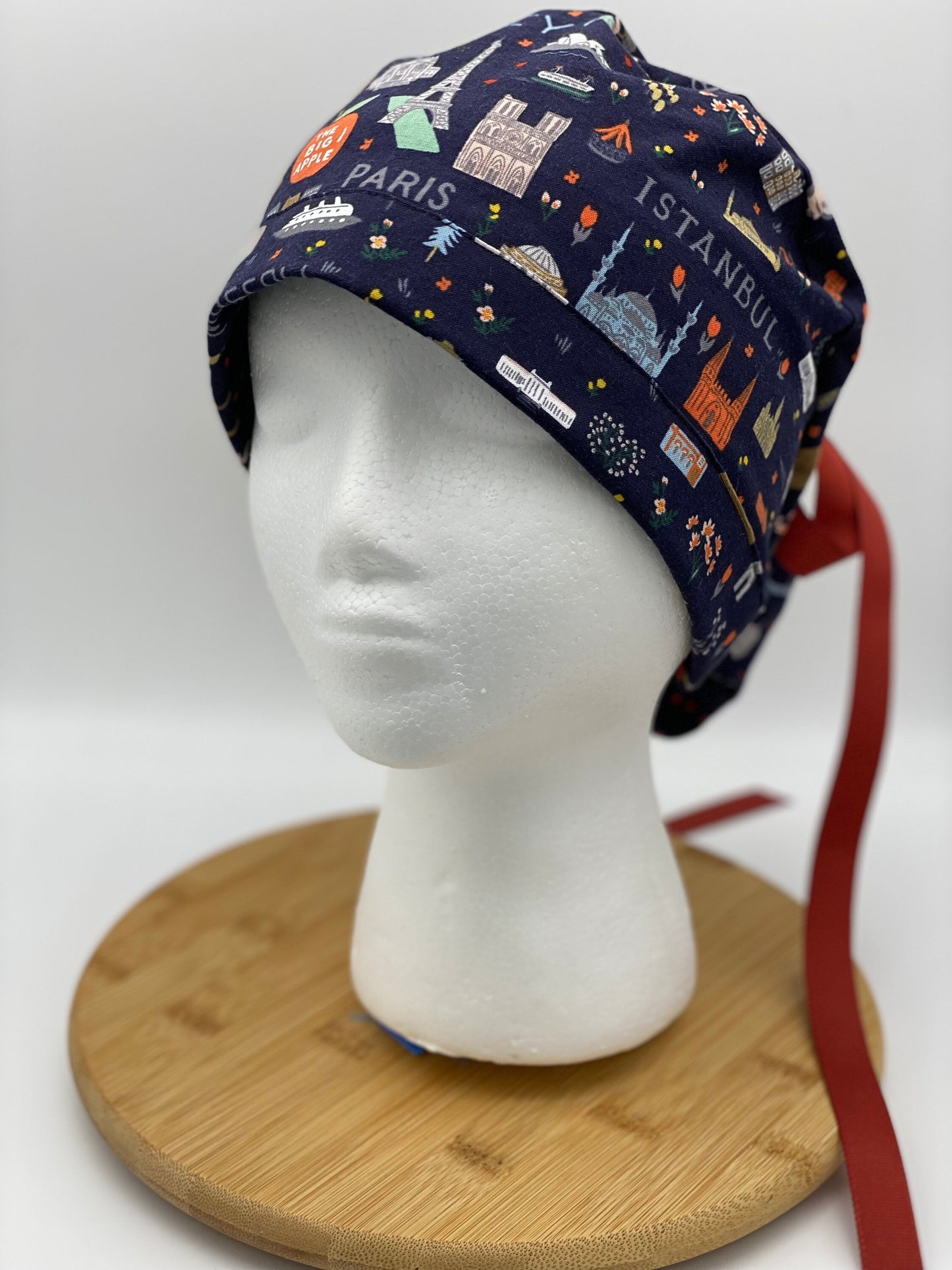 Navy Bon Voyage fabric scrub cap, traveler scrub cap, travel print scrub hat, navy world traveler scrub cap, Bonnet Head Designs