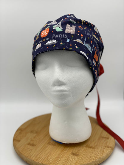 Navy Bon Voyage fabric scrub cap, traveler scrub cap, travel print scrub hat, navy world traveler scrub cap, Bonnet Head Designs