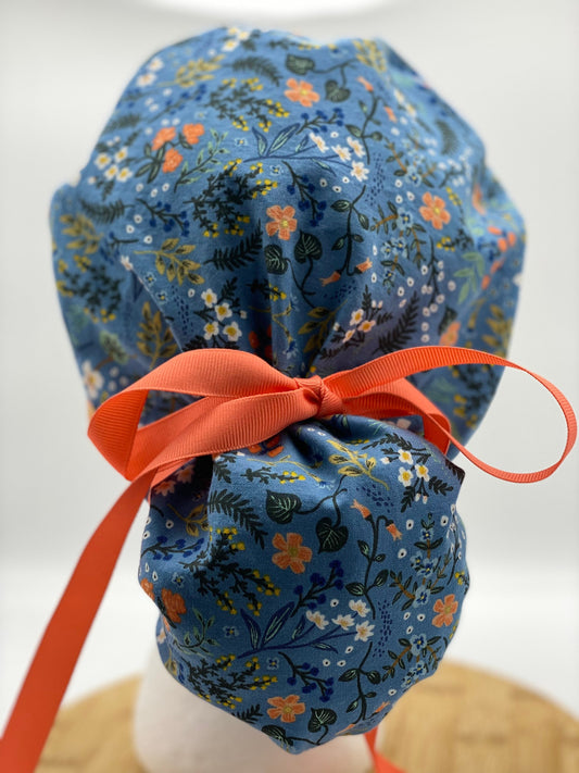 Blue floral scrub cap, Bon Voyage floral scrub cap, blue and coral floral scrub hat, Bonnet Head Designs