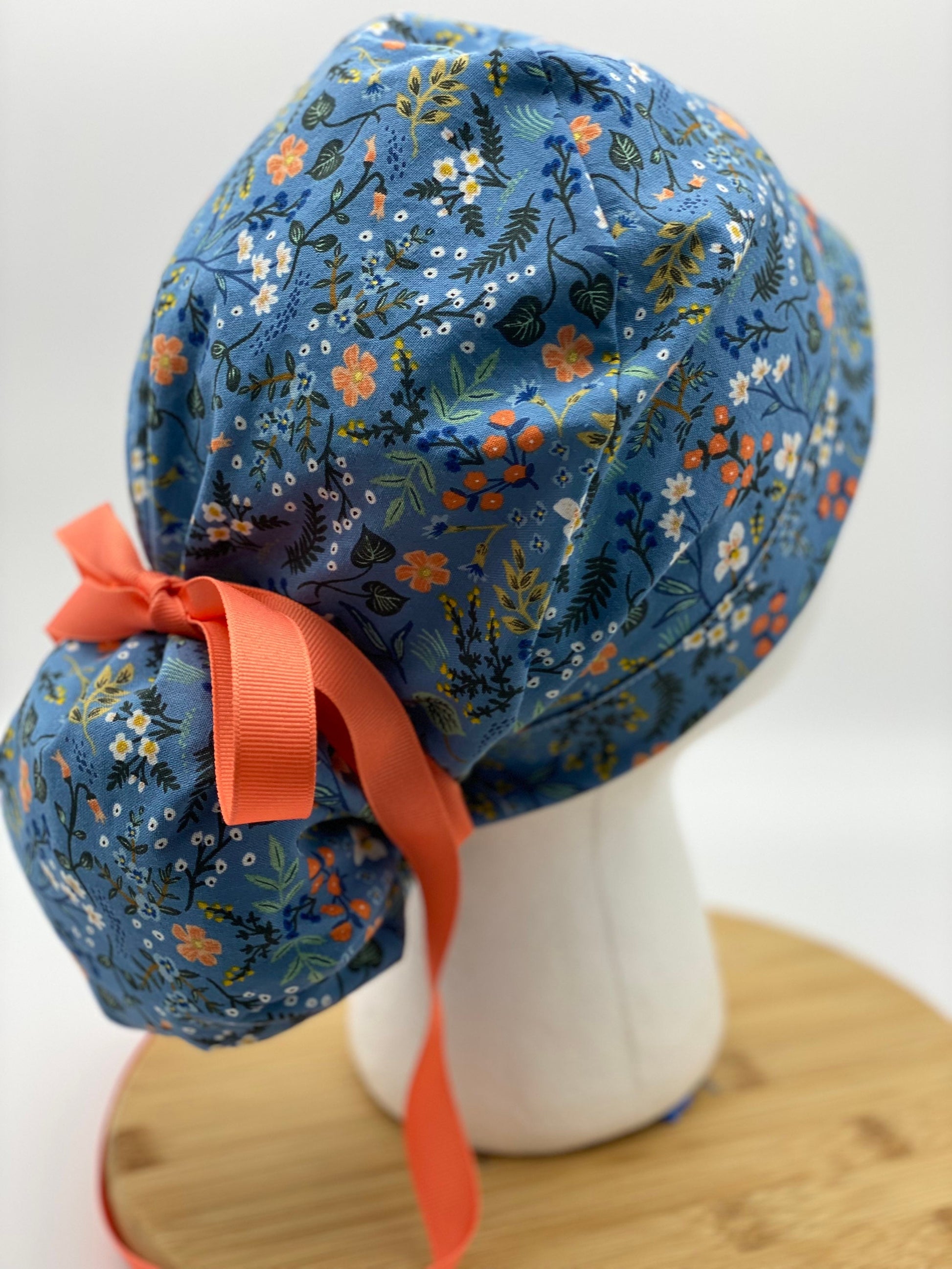 Blue floral scrub cap, Bon Voyage floral scrub cap, blue and coral floral scrub hat, Bonnet Head Designs