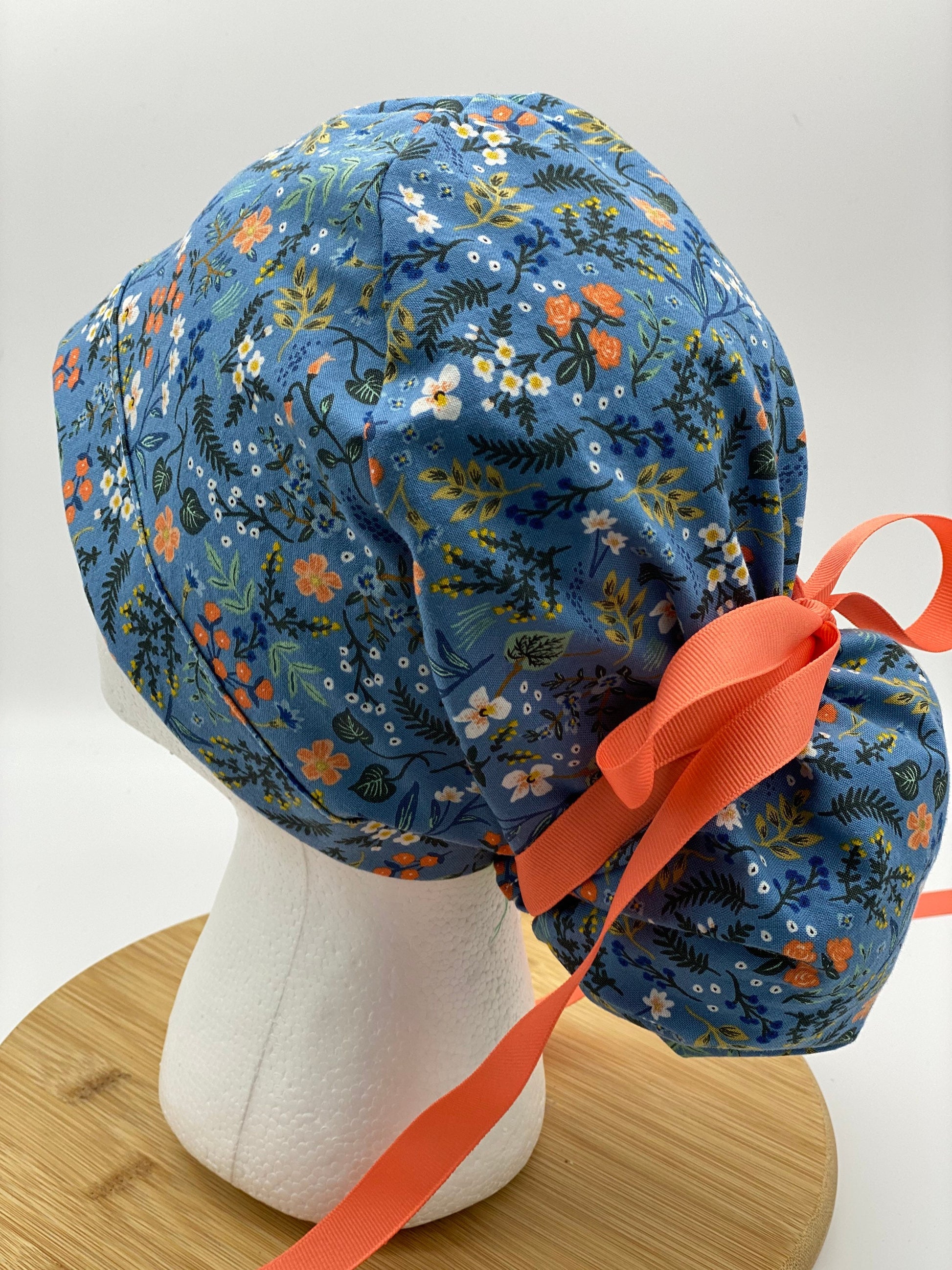 Blue floral scrub cap, Bon Voyage floral scrub cap, blue and coral floral scrub hat, Bonnet Head Designs