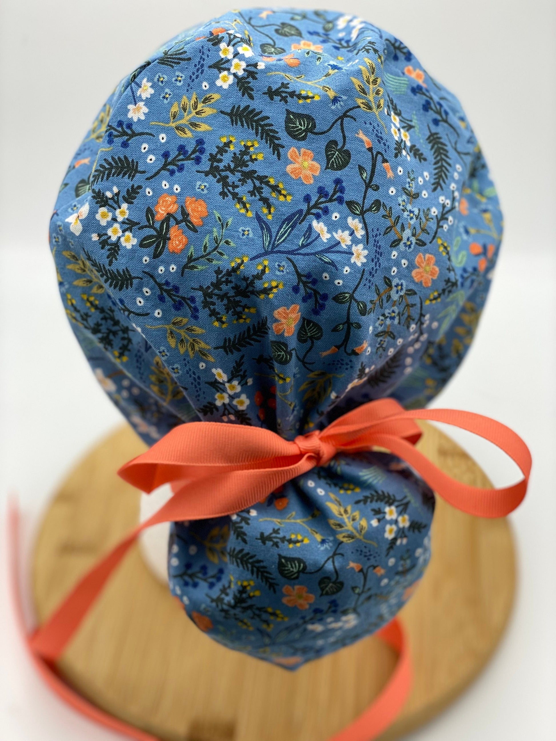 Blue floral scrub cap, Bon Voyage floral scrub cap, blue and coral floral scrub hat, Bonnet Head Designs