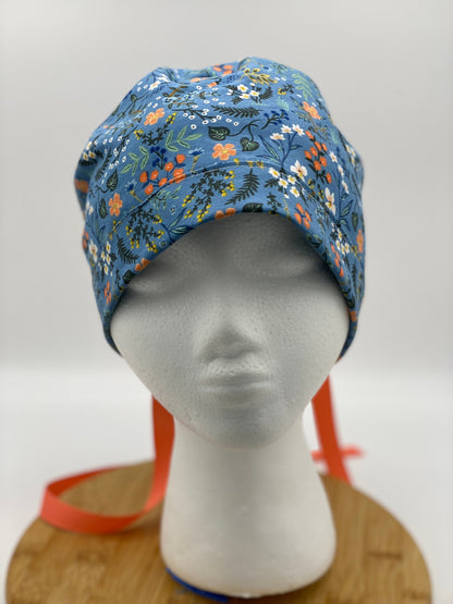 Blue floral scrub cap, Bon Voyage floral scrub cap, blue and coral floral scrub hat, Bonnet Head Designs