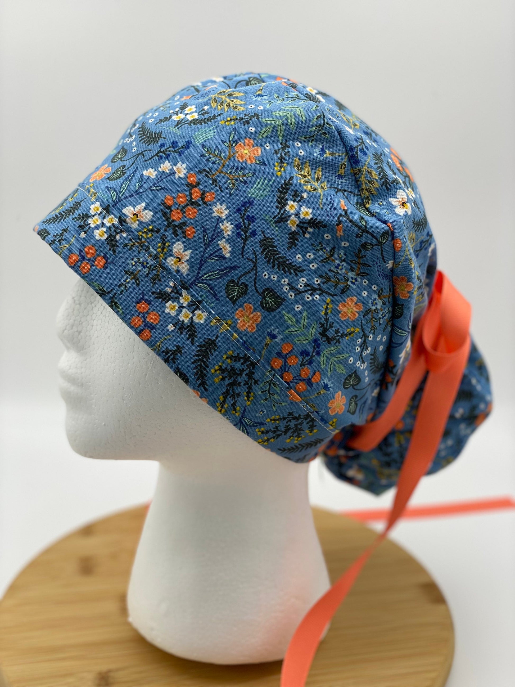 Blue floral scrub cap, Bon Voyage floral scrub cap, blue and coral floral scrub hat, Bonnet Head Designs