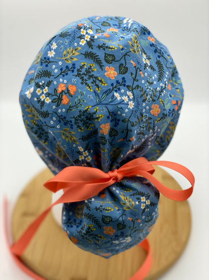 Blue floral scrub cap, Bon Voyage floral scrub cap, blue and coral floral scrub hat, Bonnet Head Designs