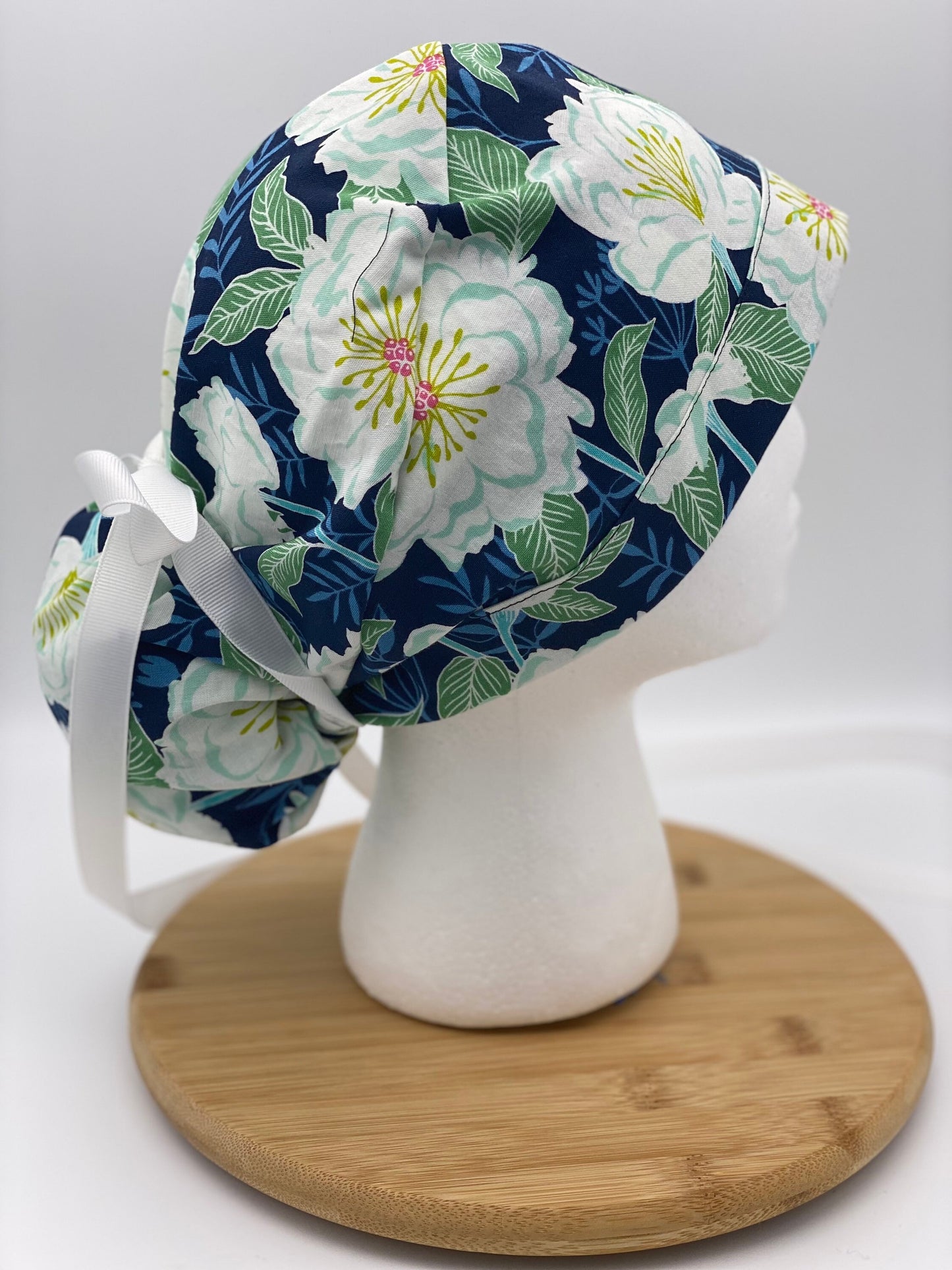 White camellias scrub cap, navy and white floral scrub cap, scrub hat camellias, Bonnet Head Designs