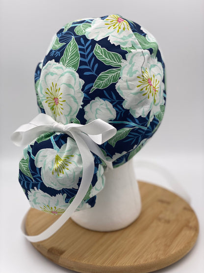 White camellias scrub cap, navy and white floral scrub cap, scrub hat camellias, Bonnet Head Designs