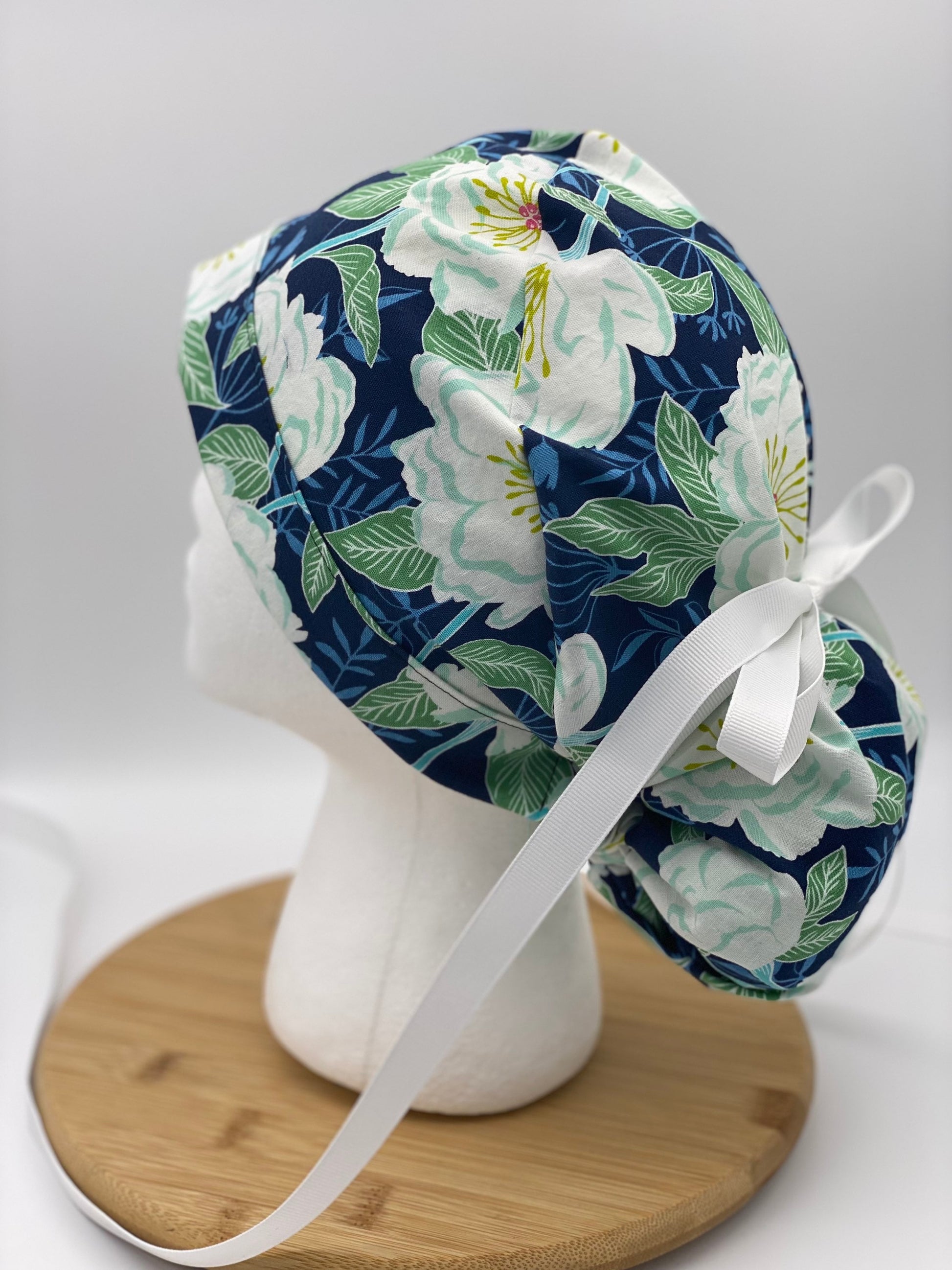 White camellias scrub cap, navy and white floral scrub cap, scrub hat camellias, Bonnet Head Designs