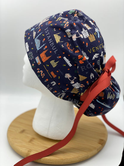 Navy Bon Voyage fabric scrub cap, traveler scrub cap, travel print scrub hat, navy world traveler scrub cap, Bonnet Head Designs