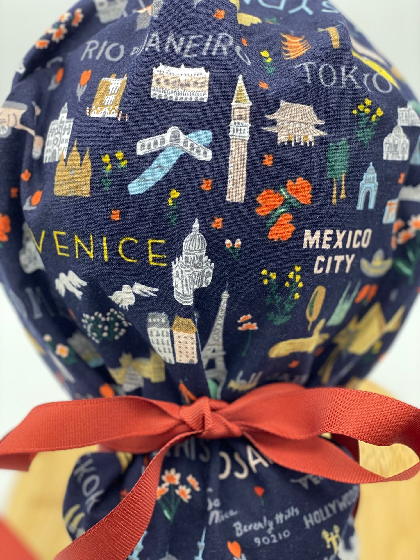 Navy Bon Voyage fabric scrub cap, traveler scrub cap, travel print scrub hat, navy world traveler scrub cap, Bonnet Head Designs