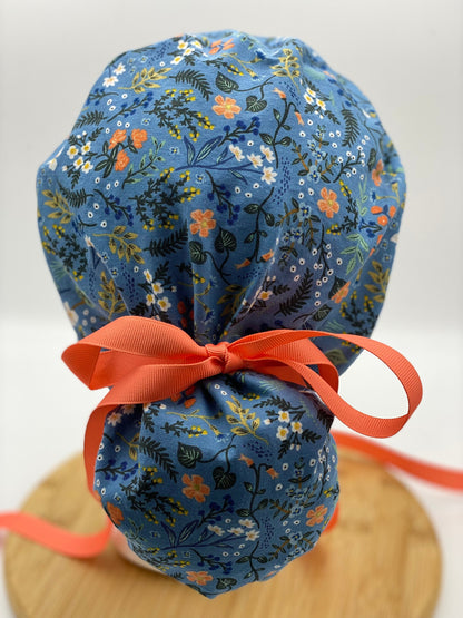 Blue floral scrub cap, Bon Voyage floral scrub cap, blue and coral floral scrub hat, Bonnet Head Designs