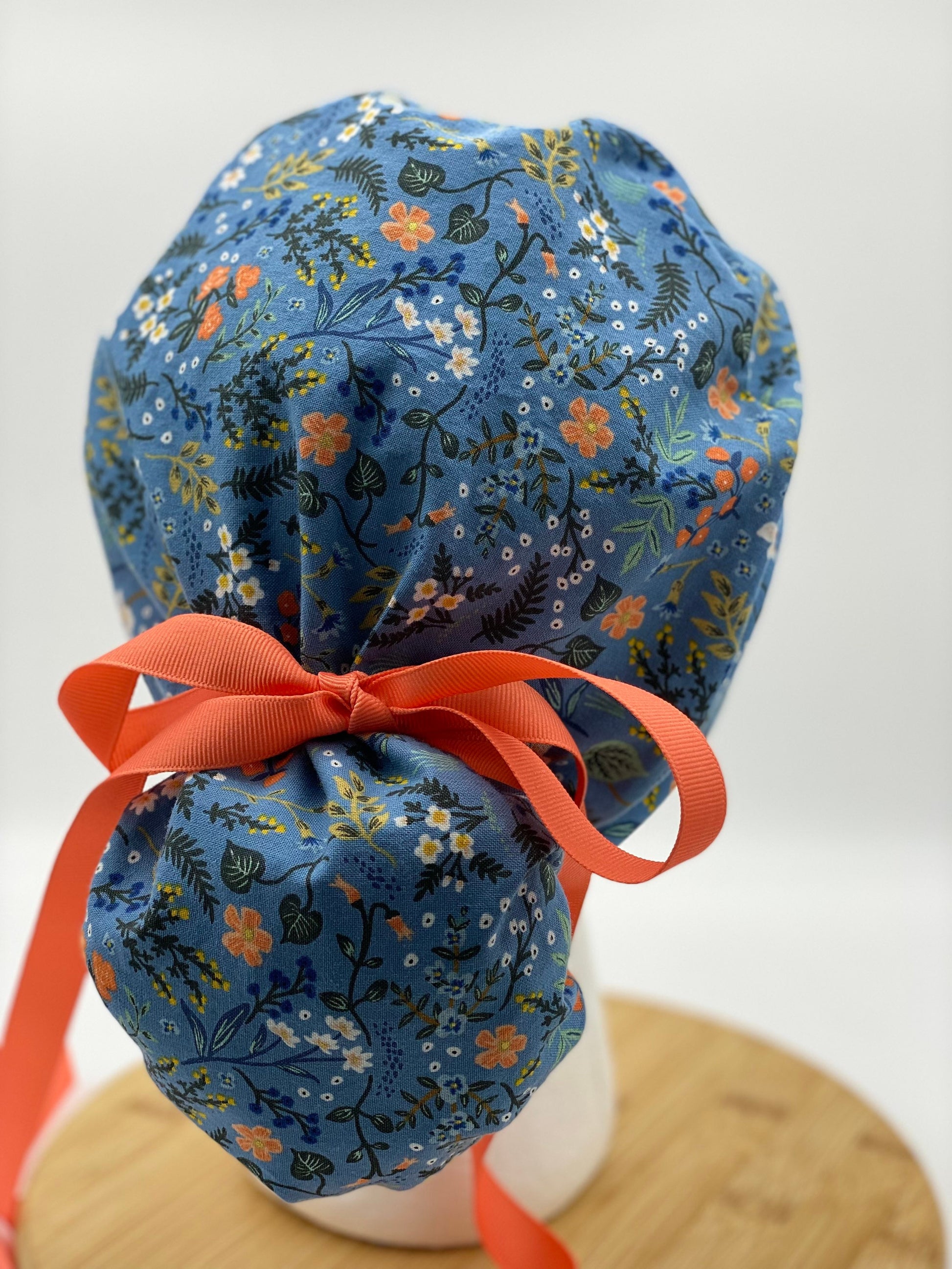 Blue floral scrub cap, Bon Voyage floral scrub cap, blue and coral floral scrub hat, Bonnet Head Designs