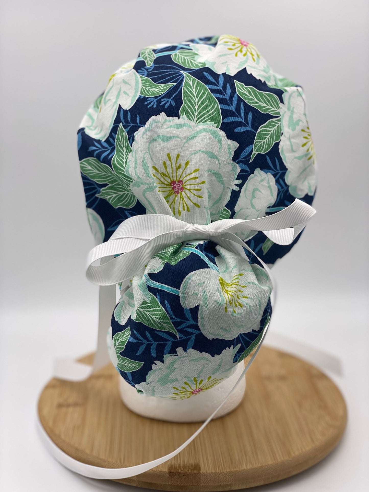 White camellias scrub cap, navy and white floral scrub cap, scrub hat camellias, Bonnet Head Designs