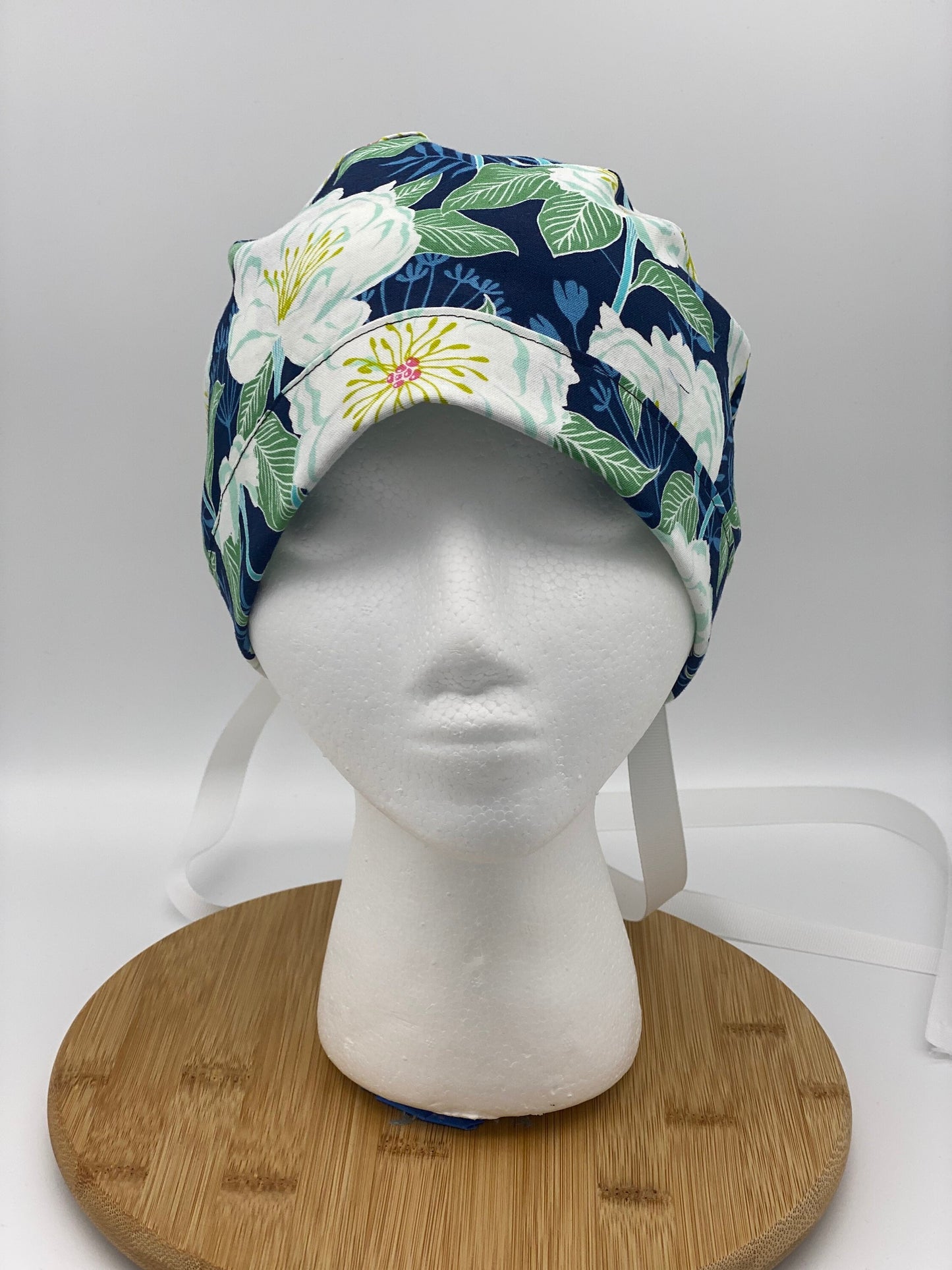 White camellias scrub cap, navy and white floral scrub cap, scrub hat camellias, Bonnet Head Designs