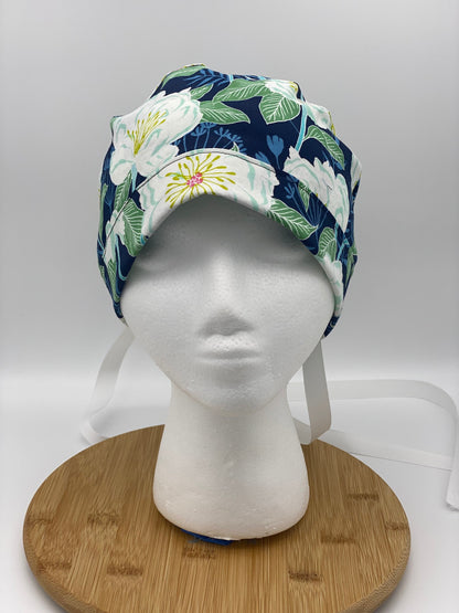 White camellias scrub cap, navy and white floral scrub cap, scrub hat camellias, Bonnet Head Designs