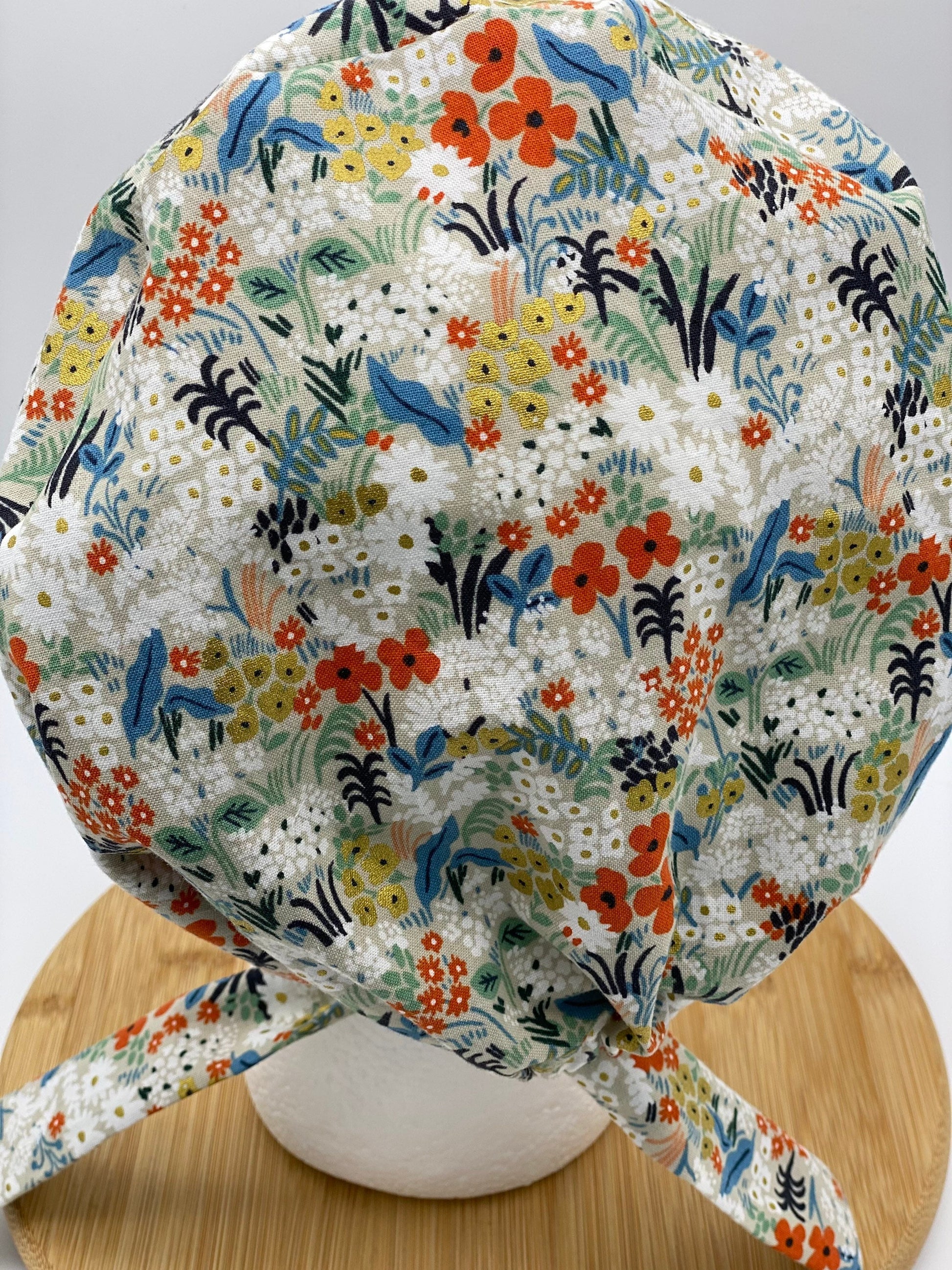 Flax meadow Rifle Paper co fabric scrub cap, flax meadow tie back scrub hat, scrub cap small floral print, Bonnet Head Designs