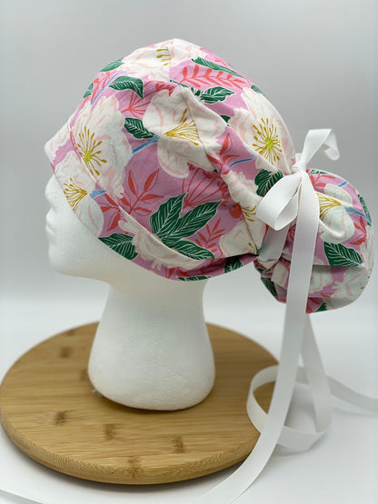 SALE! White camellias scrub cap, pink and white floral scrub cap, scrub hat pink camellias, Bonnet Head Designs