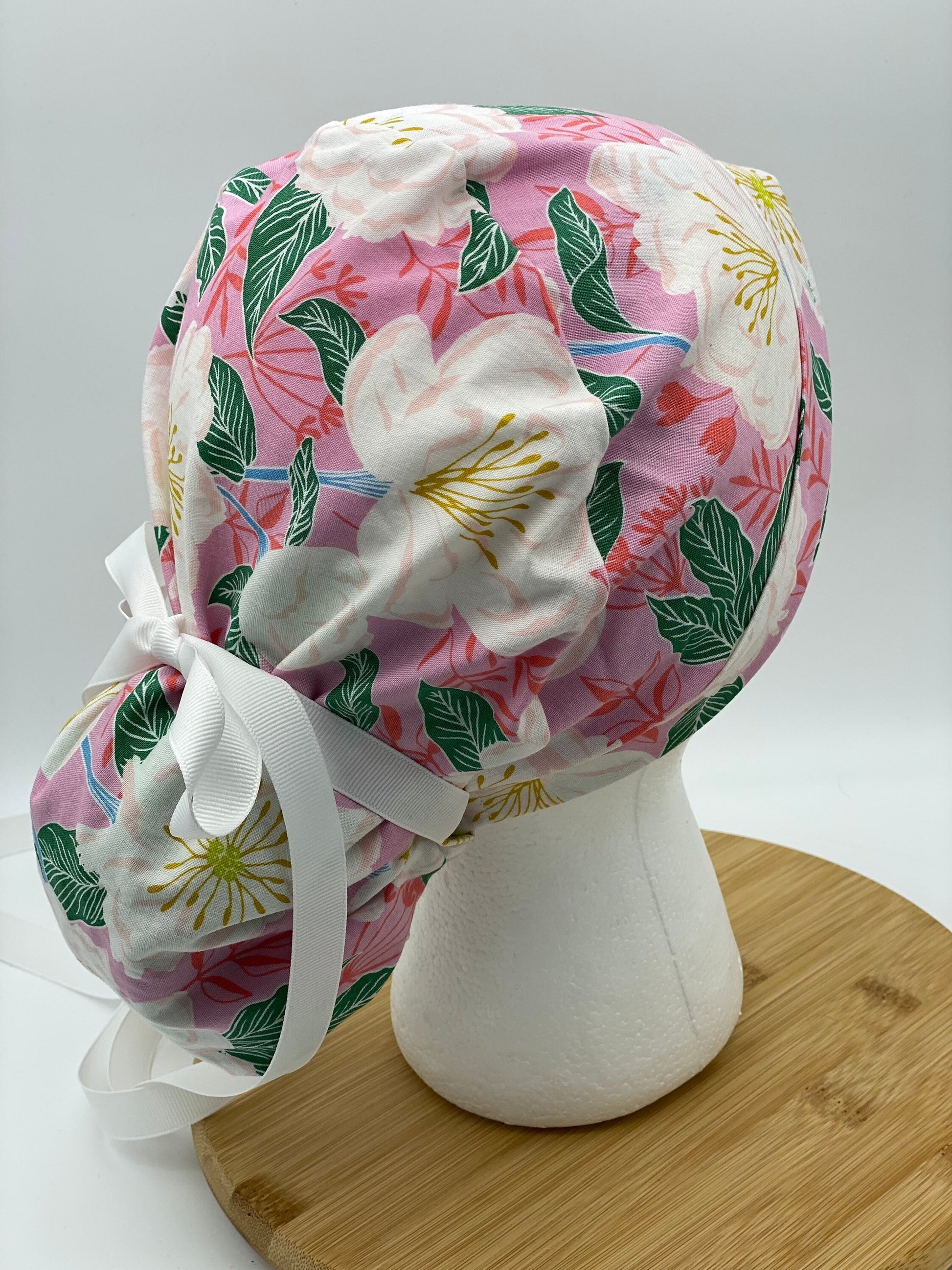 SALE! White camellias scrub cap, pink and white floral scrub cap, scrub hat pink camellias, Bonnet Head Designs