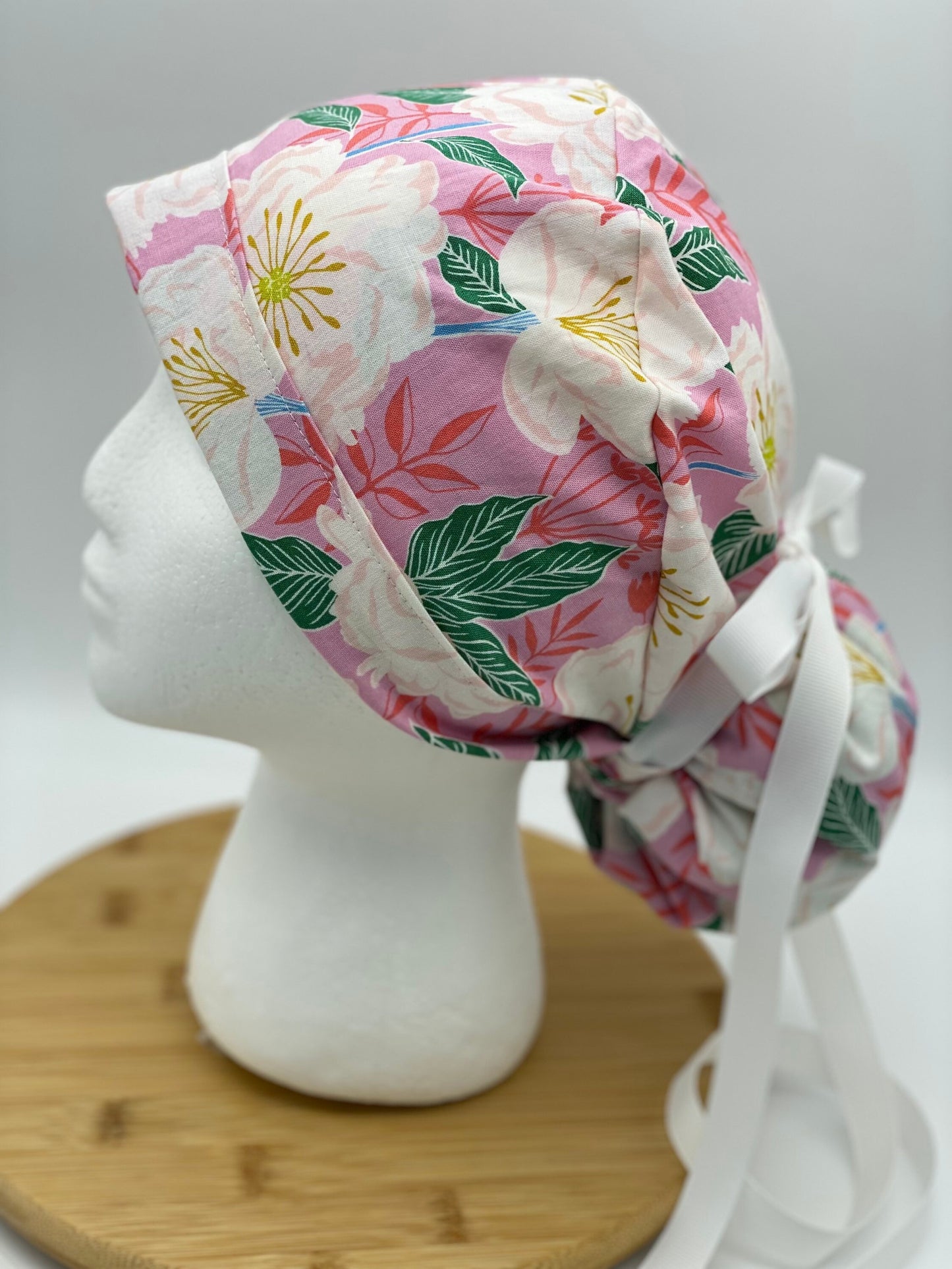 SALE! White camellias scrub cap, pink and white floral scrub cap, scrub hat pink camellias, Bonnet Head Designs