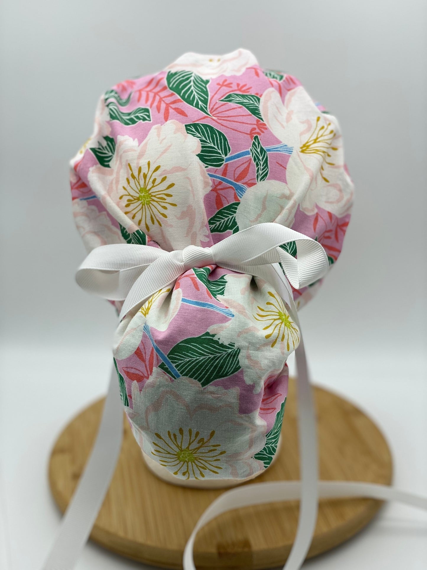 SALE! White camellias scrub cap, pink and white floral scrub cap, scrub hat pink camellias, Bonnet Head Designs