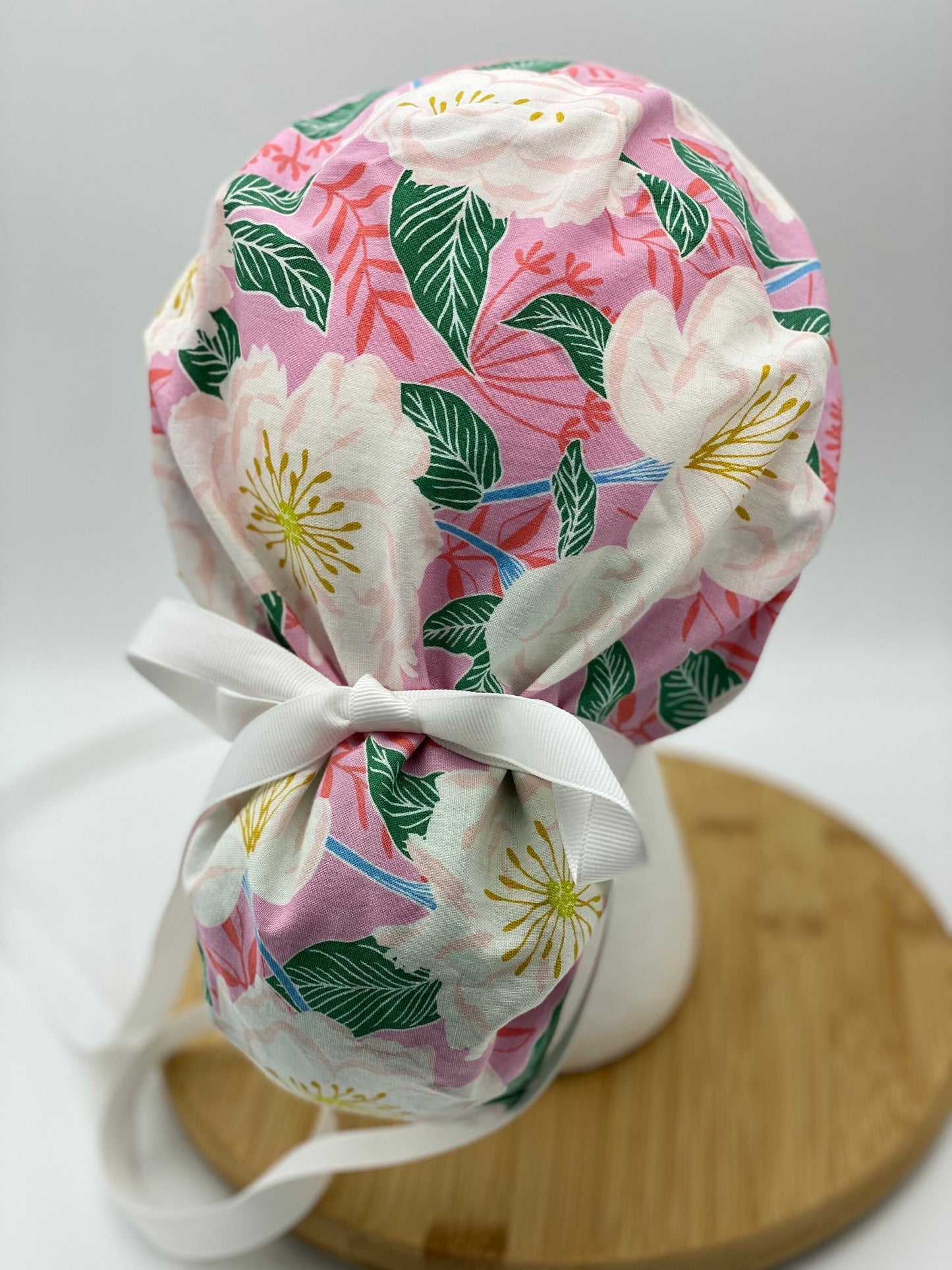 SALE! White camellias scrub cap, pink and white floral scrub cap, scrub hat pink camellias, Bonnet Head Designs