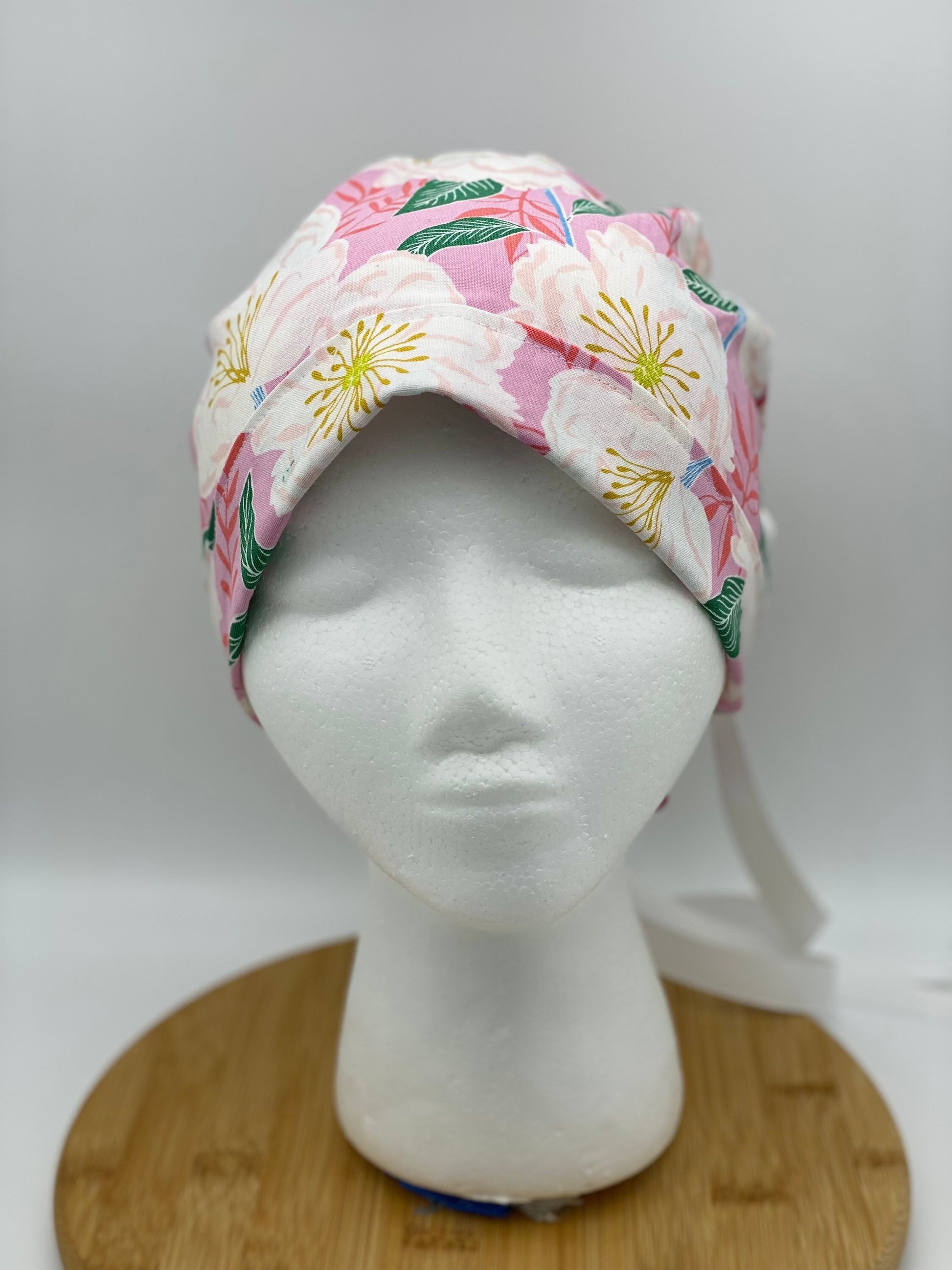 SALE! White camellias scrub cap, pink and white floral scrub cap, scrub hat pink camellias, Bonnet Head Designs