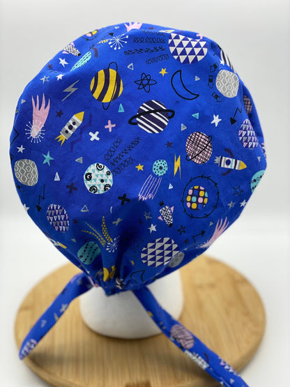 Blue space print tie back scrub cap, scrub cap planets, scrub hat outer space, space ship scrub hat, Bonnet Head Designs