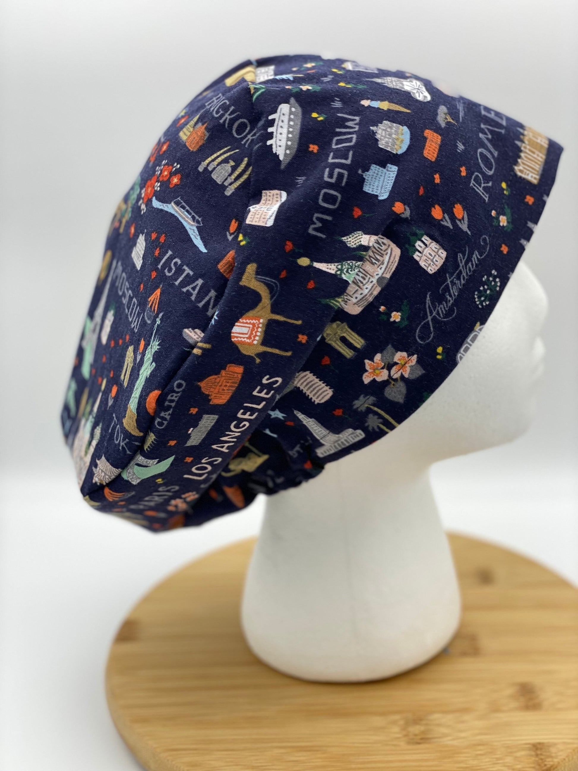 World traveler euro scrub cap, euro scrub cap rifle paper co fabric, Bon Voyage navy scrub cap, Bonnet Head Designs