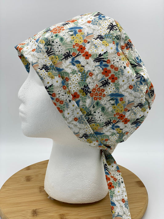 Flax meadow Rifle Paper co fabric scrub cap, flax meadow tie back scrub hat, scrub cap small floral print, Bonnet Head Designs