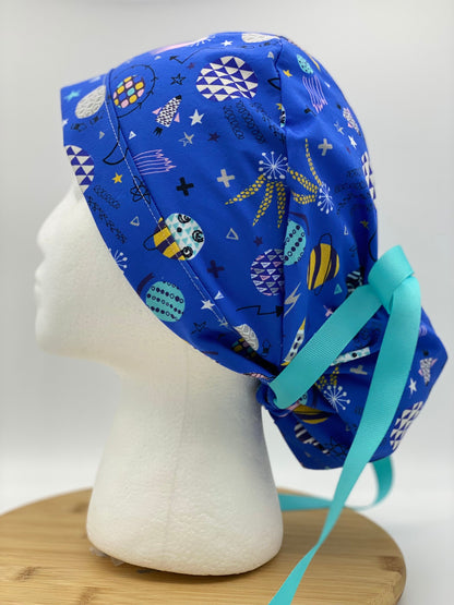 Blue space print scrub cap, scrub cap planets, scrub hat outer space, space ship scrub hat, Bonnet Head Designs