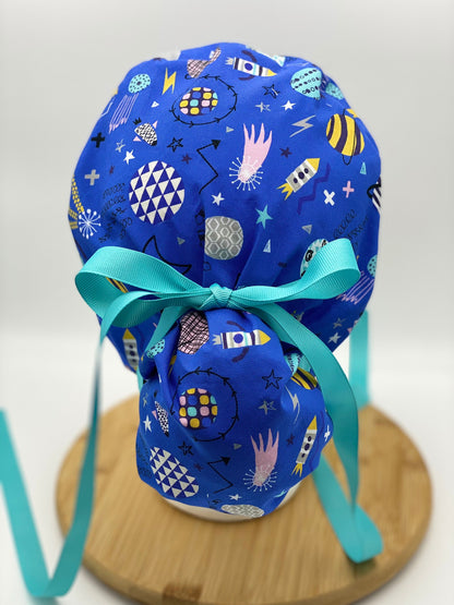 Blue space print scrub cap, scrub cap planets, scrub hat outer space, space ship scrub hat, Bonnet Head Designs