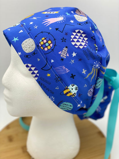 Blue space print scrub cap, scrub cap planets, scrub hat outer space, space ship scrub hat, Bonnet Head Designs