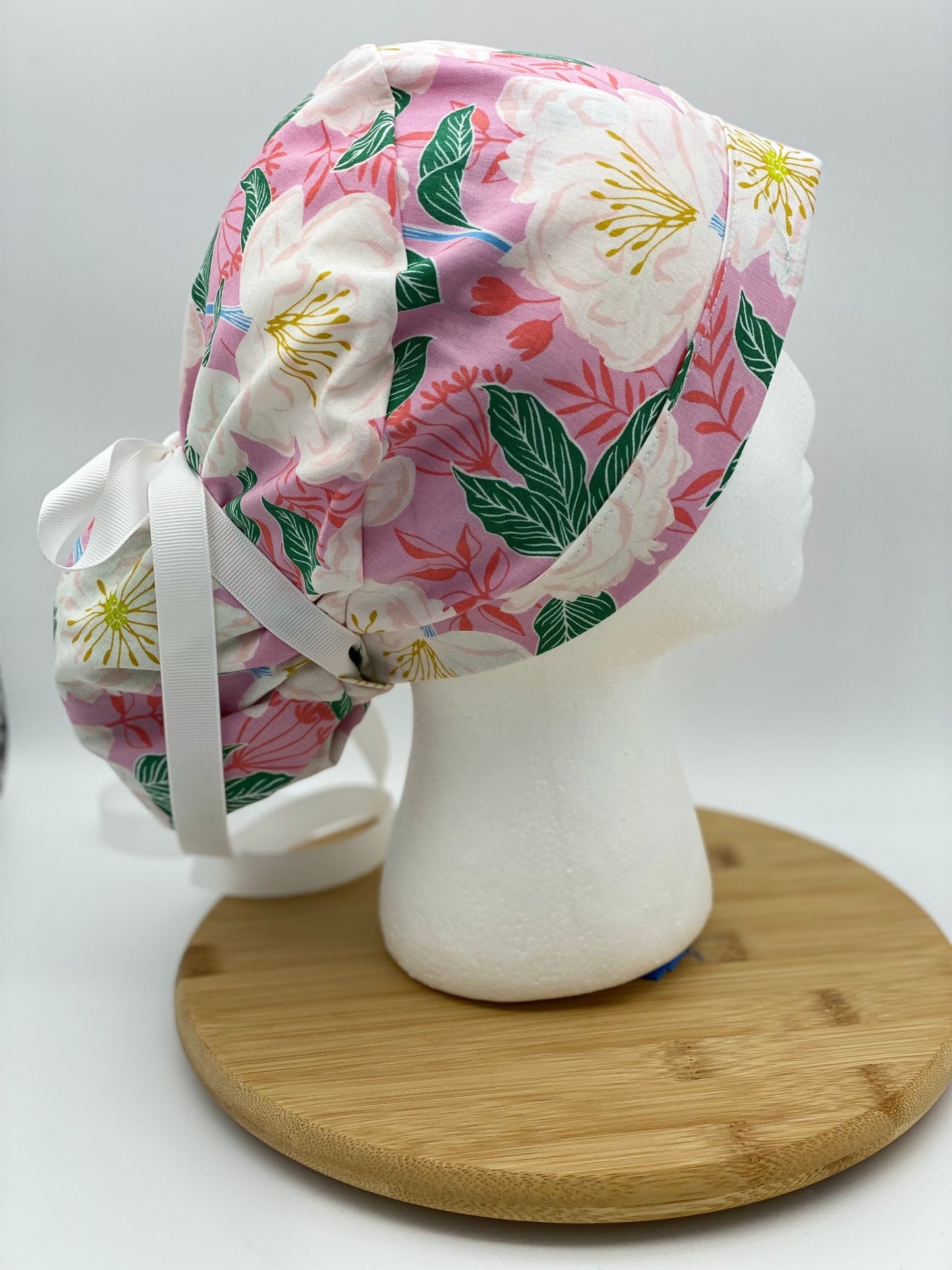 SALE! White camellias scrub cap, pink and white floral scrub cap, scrub hat pink camellias, Bonnet Head Designs