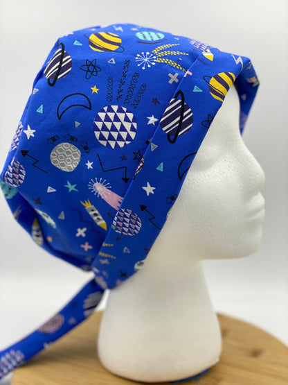 Blue space print tie back scrub cap, scrub cap planets, scrub hat outer space, space ship scrub hat, Bonnet Head Designs