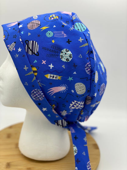 Blue space print tie back scrub cap, scrub cap planets, scrub hat outer space, space ship scrub hat, Bonnet Head Designs